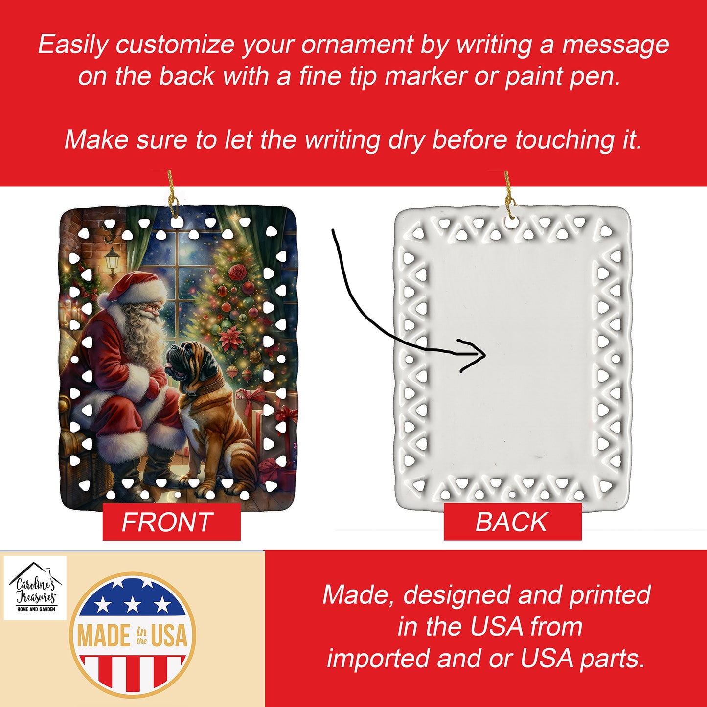 Bullmastiff and Santa Claus Porcelain Ornament