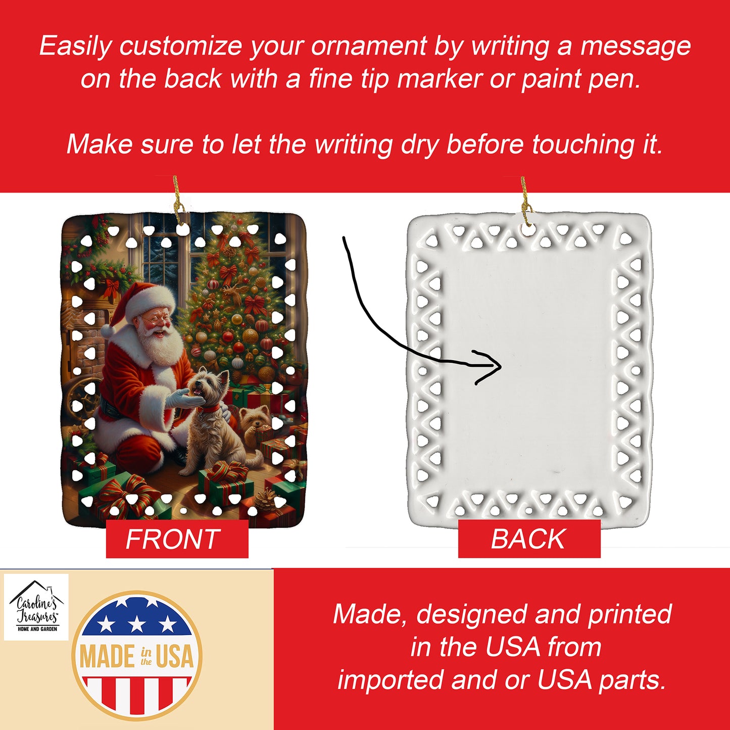 Cairn Terrier and Santa Claus Porcelain Ornament