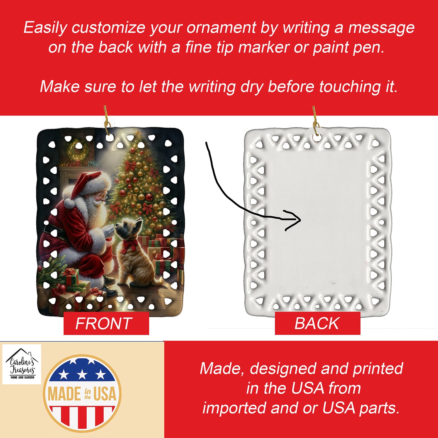 Cairn Terrier and Santa Claus Porcelain Ornament