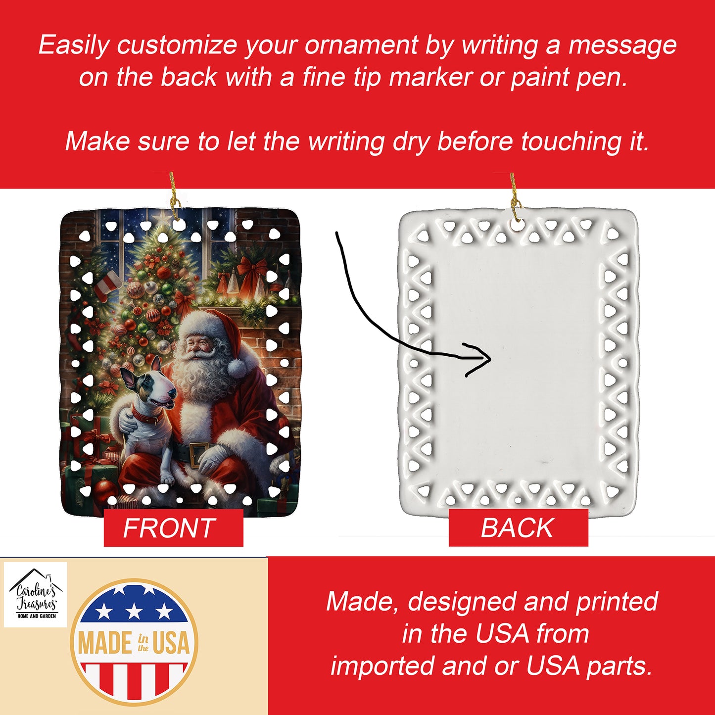 English Bull Terrier and Santa Claus Porcelain Ornament