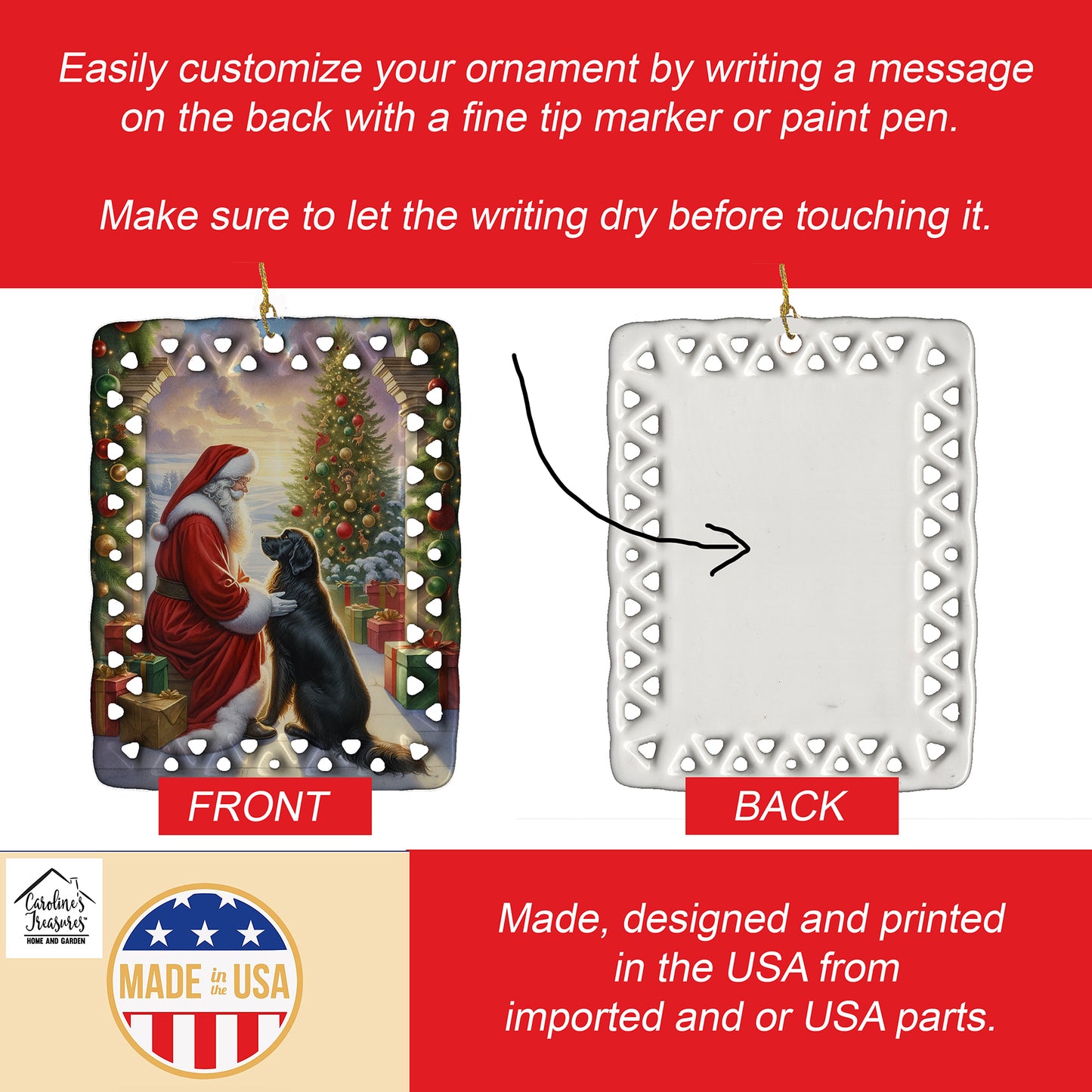 Flat-Coated Retriever and Santa Claus Porcelain Ornament