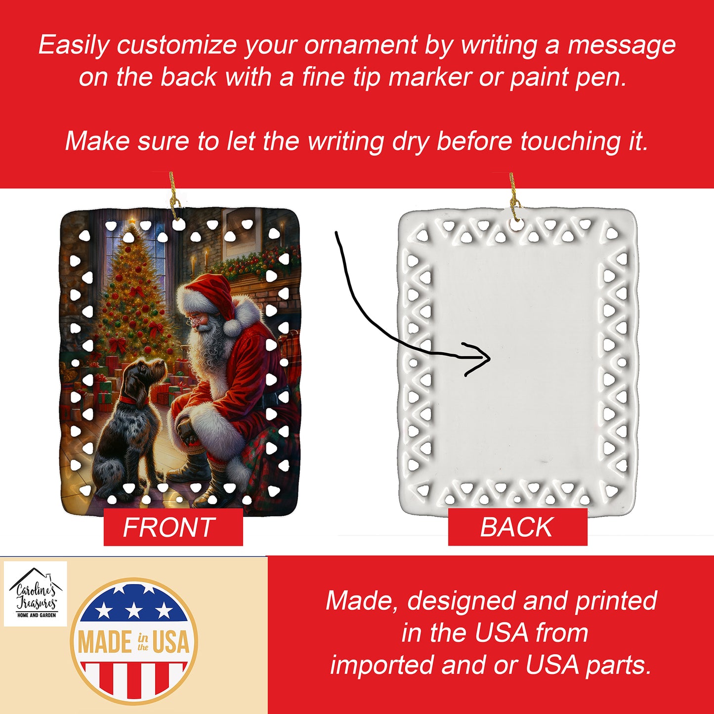 German Wirehaired Pointer and Santa Claus Porcelain Ornament