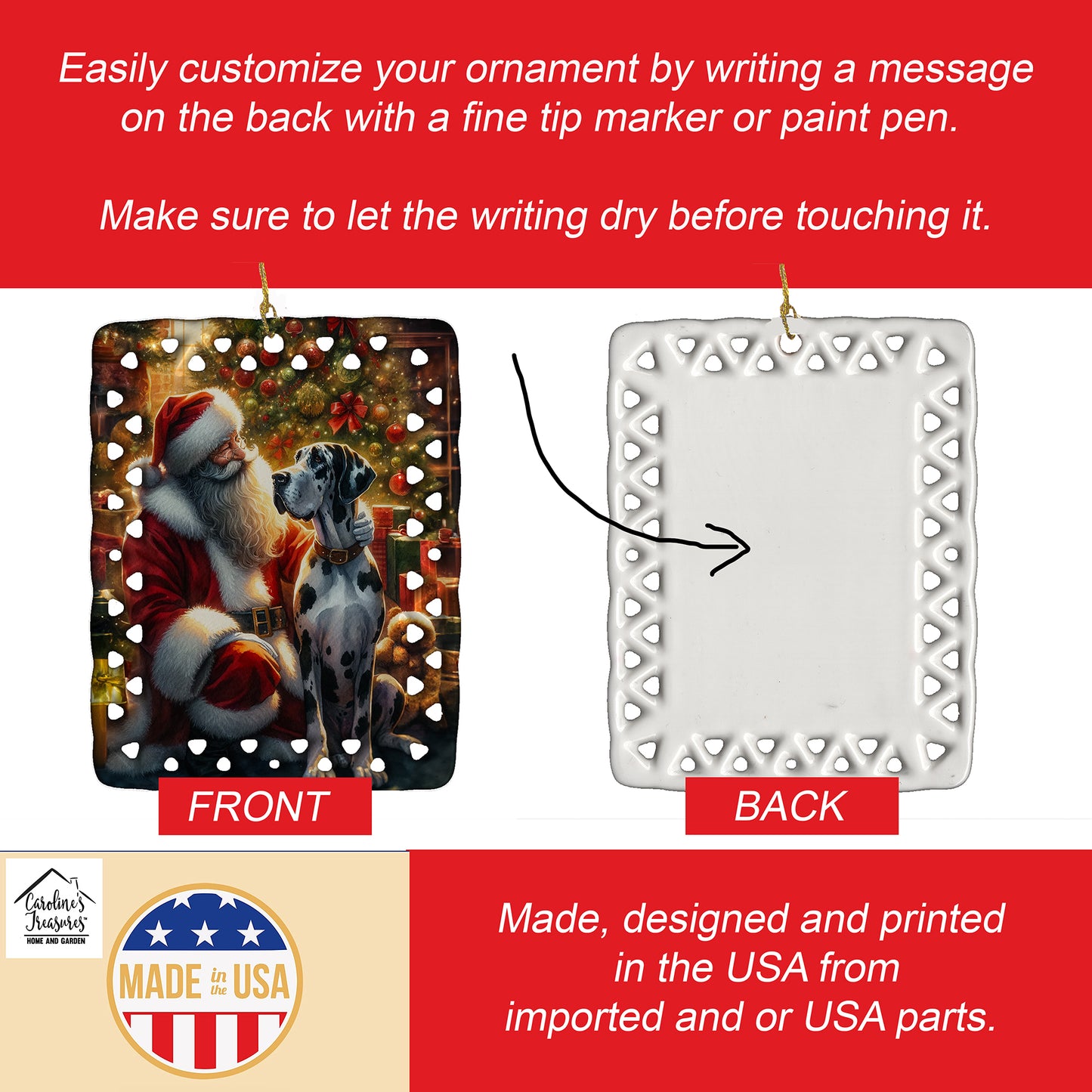 Great Dane and Santa Claus Porcelain Ornament