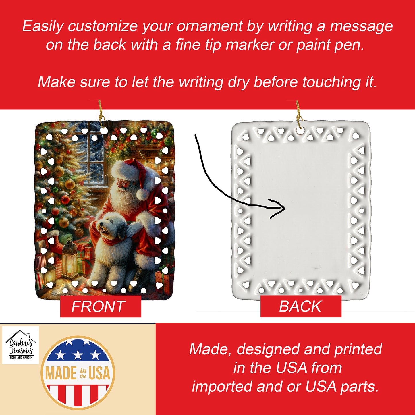 Old English Sheepdog and Santa Claus Porcelain Ornament