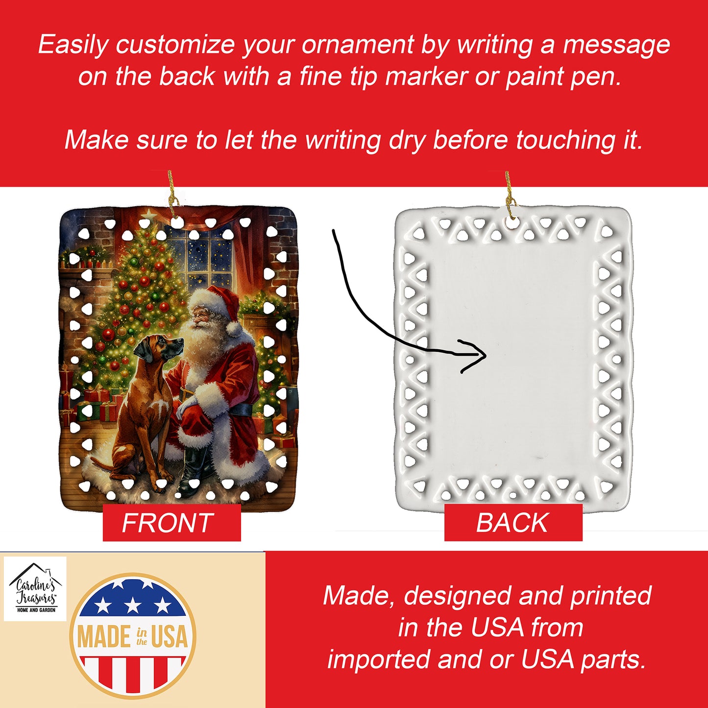 Rhodesian Ridgeback and Santa Claus Porcelain Ornament