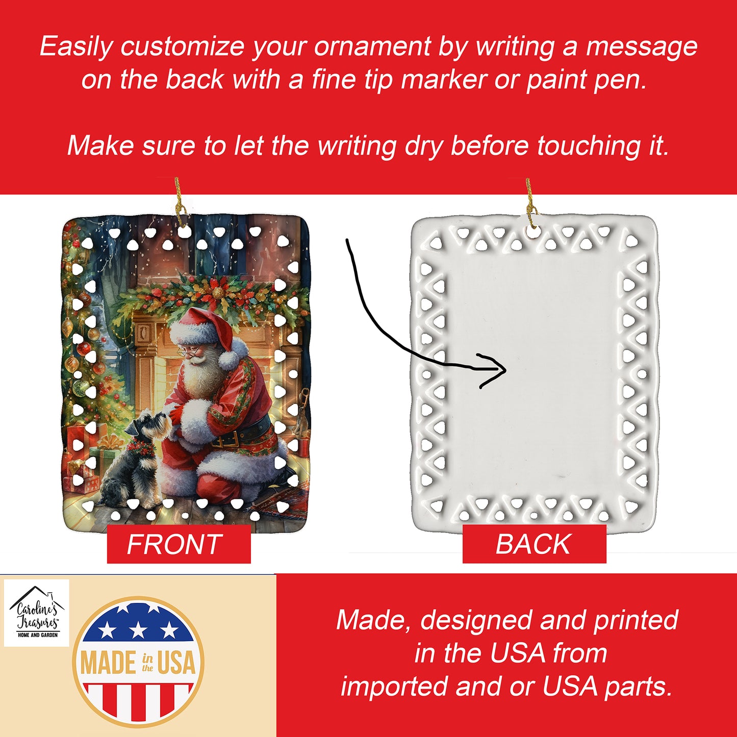 Schnauzer and Santa Claus Porcelain Ornament