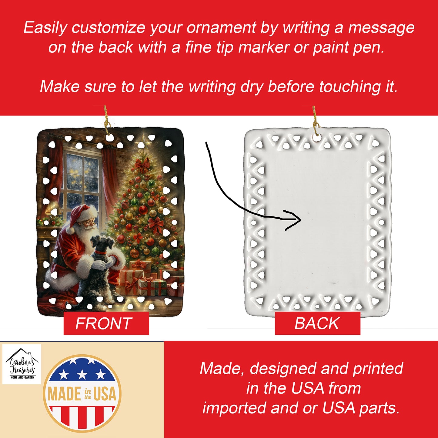 Schnauzer and Santa Claus Porcelain Ornament