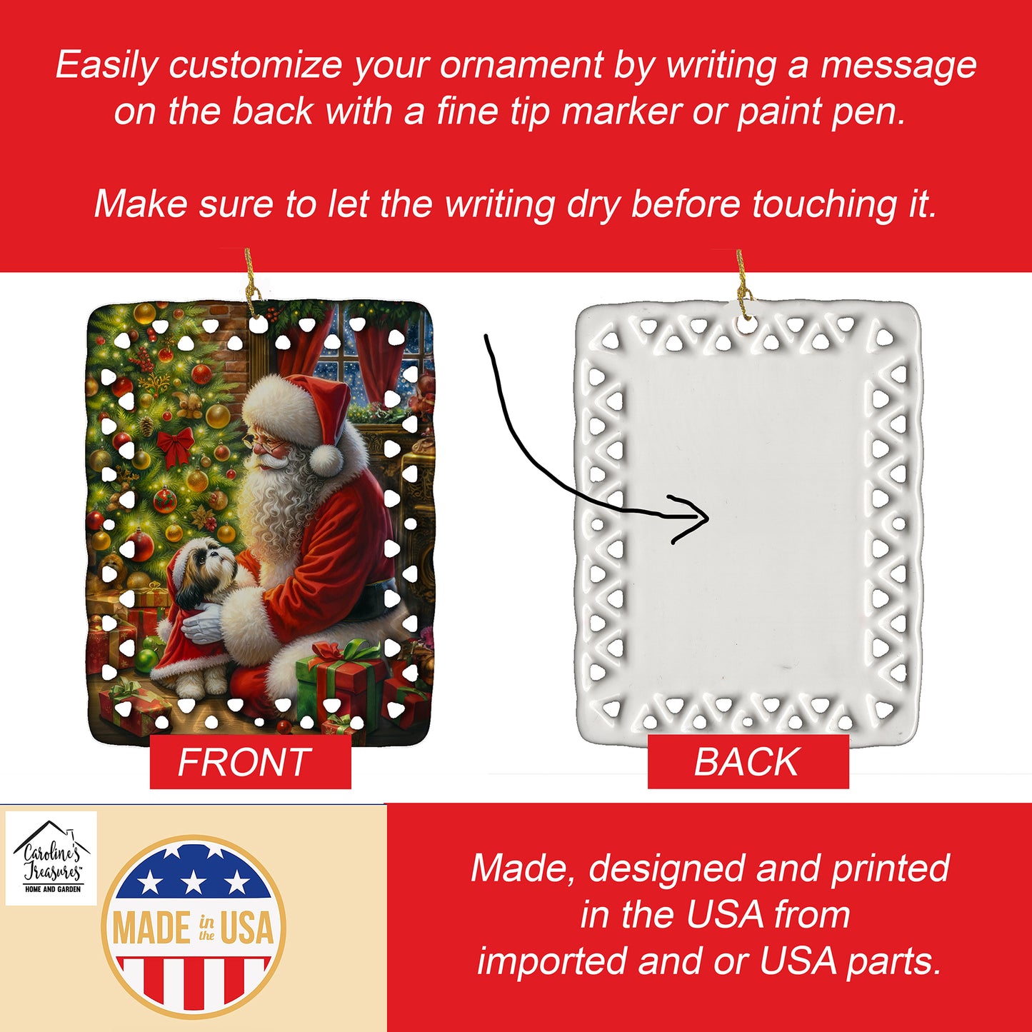 Shih Tzu and Santa Claus Porcelain Ornament