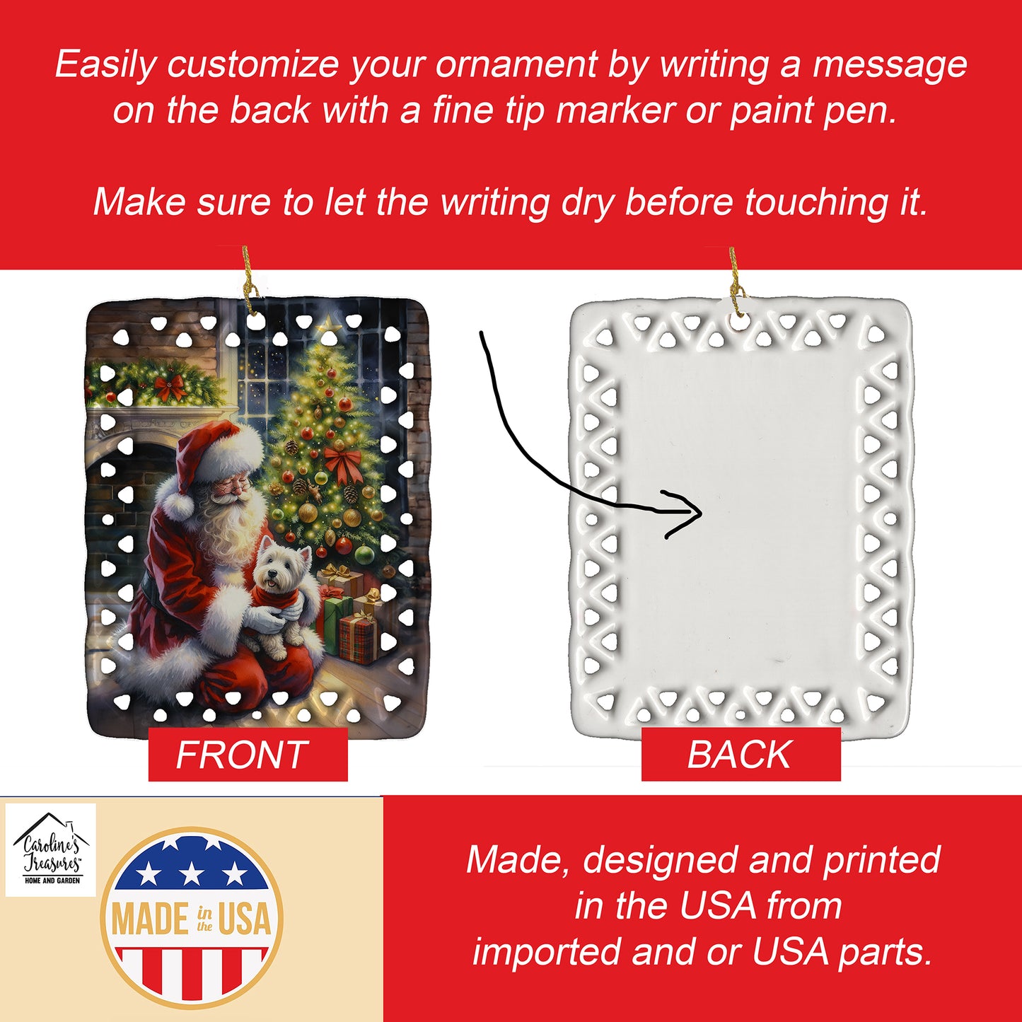 Westie and Santa Claus Porcelain Ornament