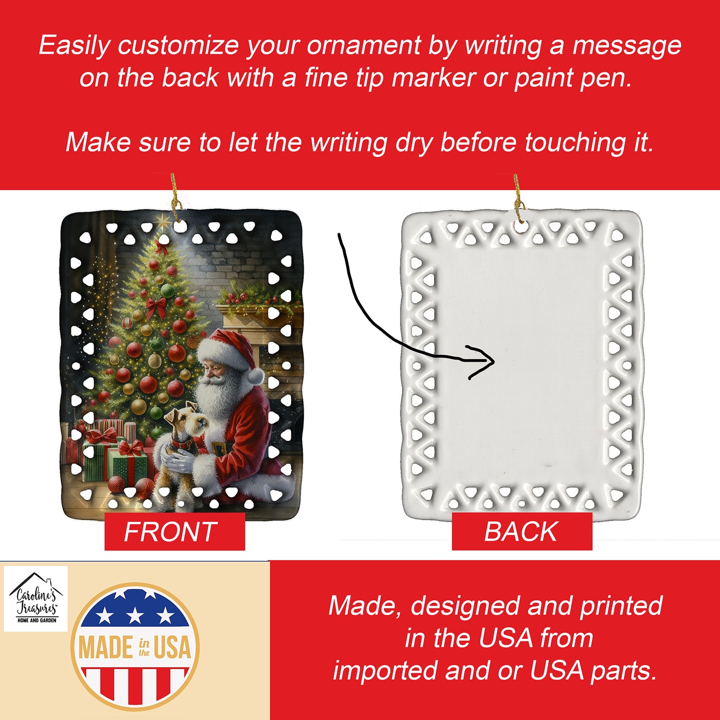 Fox Terrier and Santa Claus Porcelain Ornament