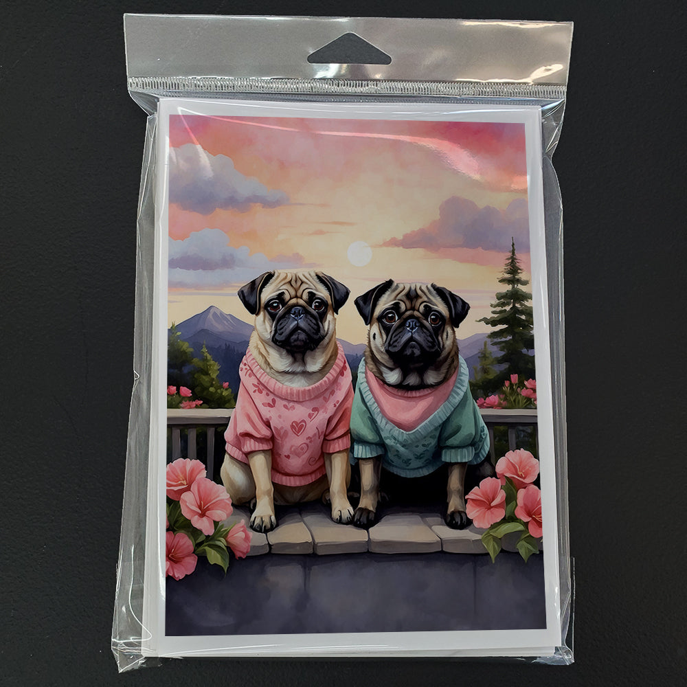 Pug Two Hearts Greeting Cards Pack of 8