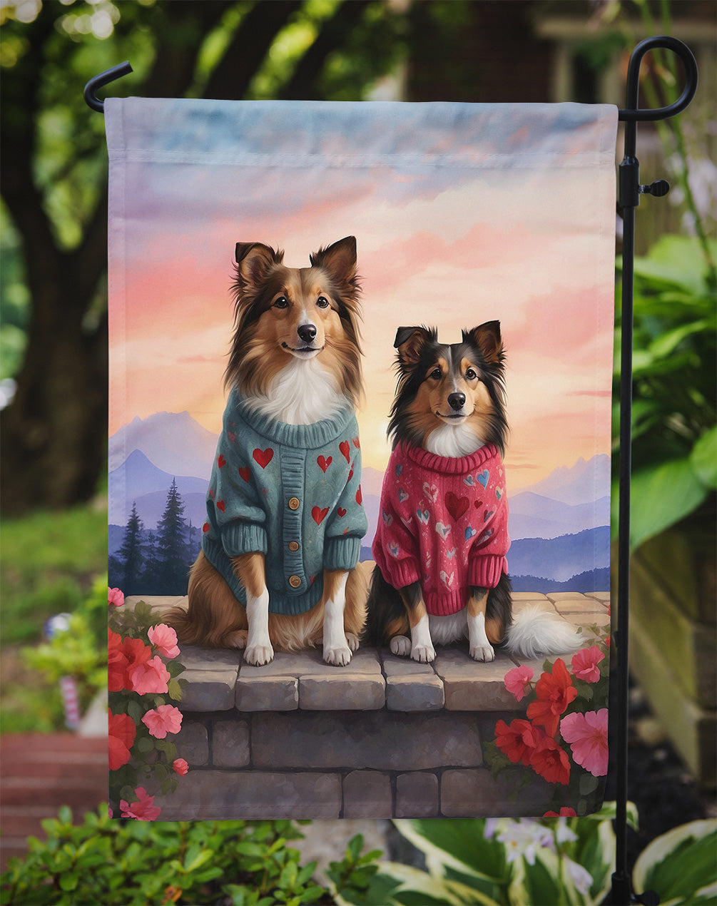 Sheltie Two Hearts Garden Flag