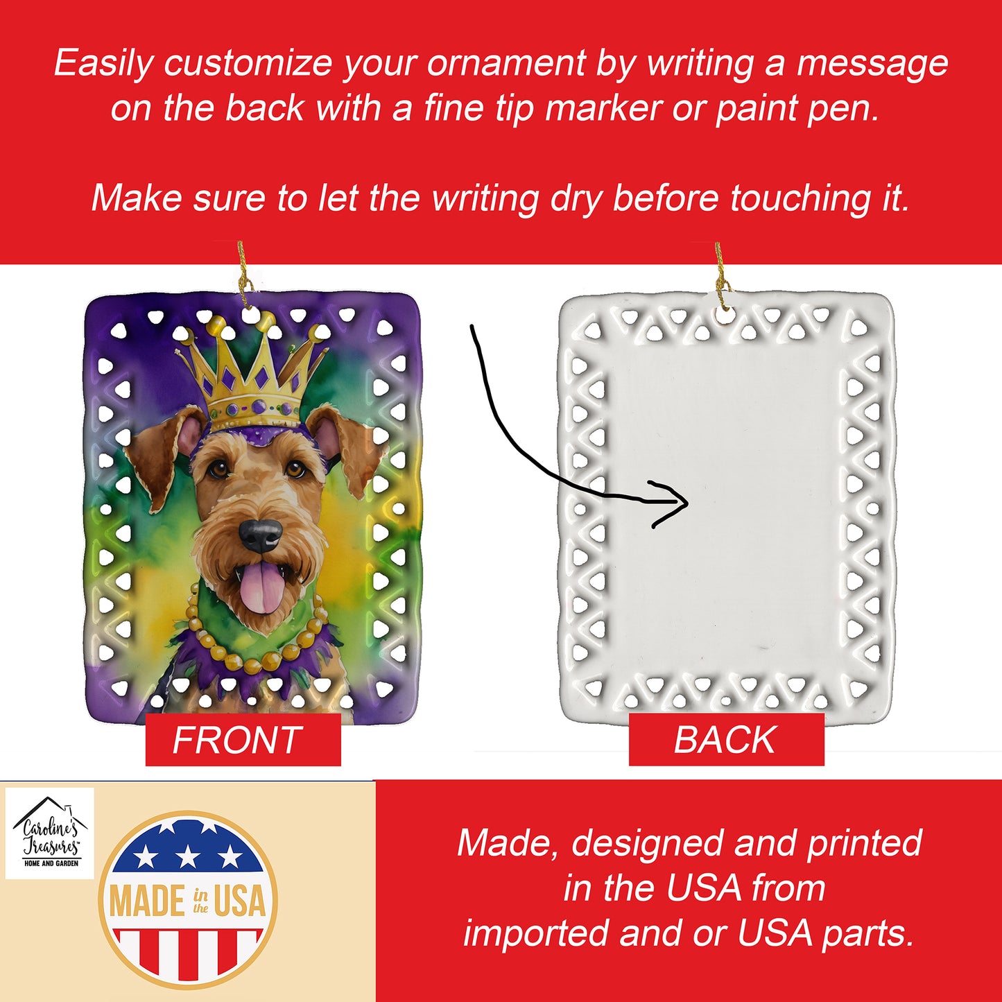 Airedale Terrier King of Mardi Gras Porcelain Ornament