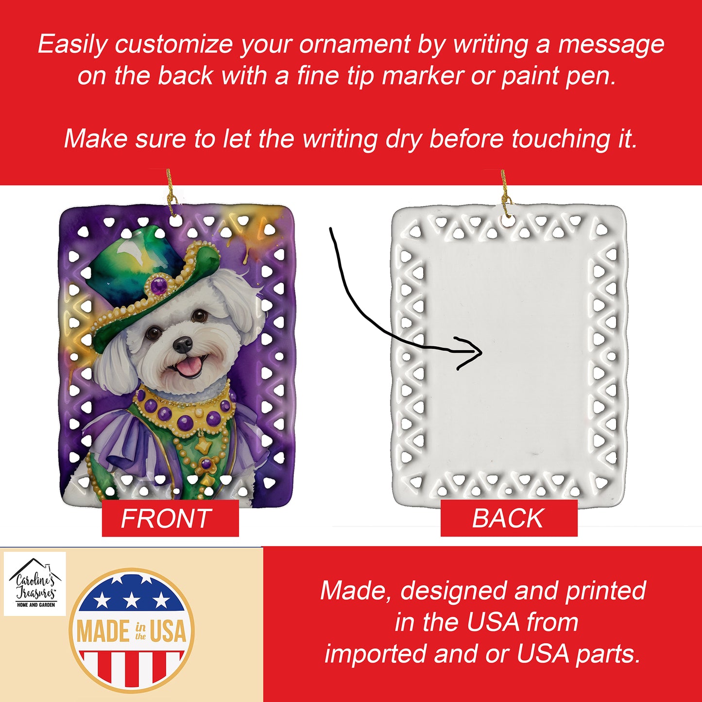 Bichon Frise King of Mardi Gras Porcelain Ornament