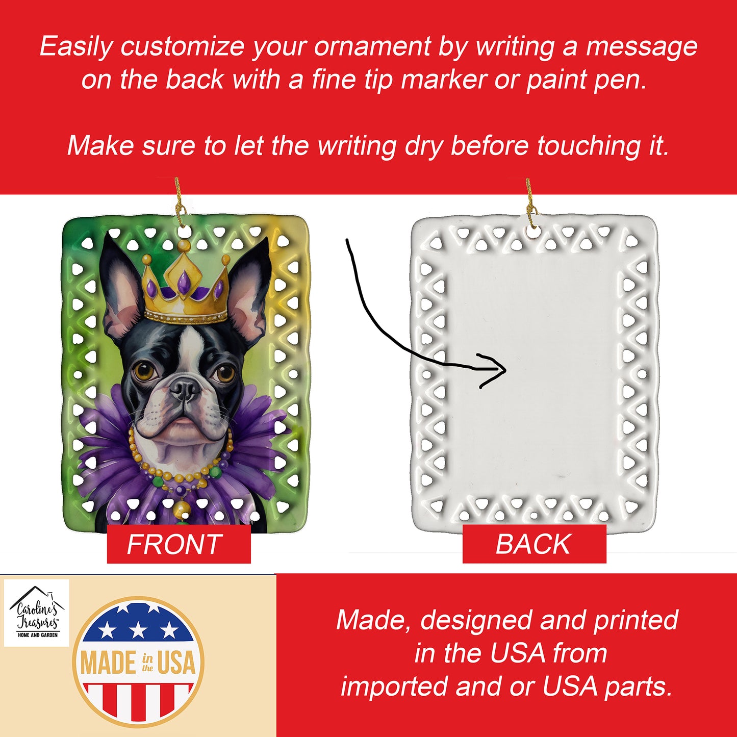 Boston Terrier King of Mardi Gras Porcelain Ornament
