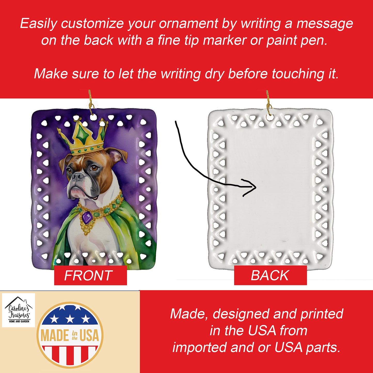 Boxer King of Mardi Gras Porcelain Ornament