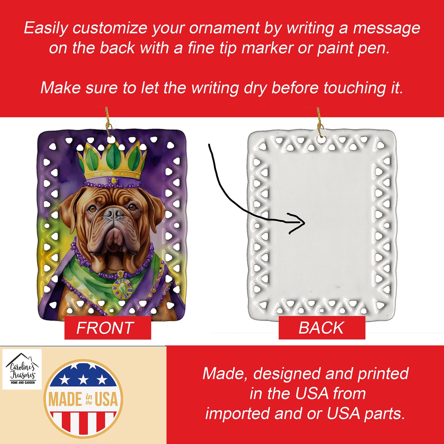 Dogue de Bordeaux King of Mardi Gras Porcelain Ornament