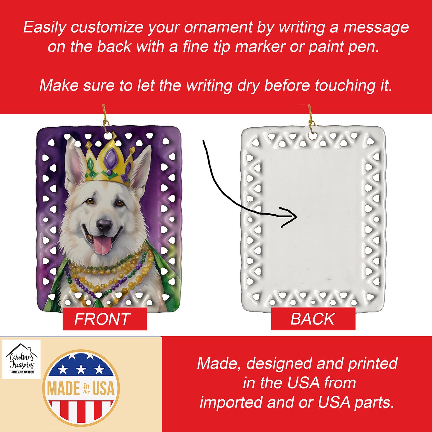 White German Shepherd King of Mardi Gras Porcelain Ornament