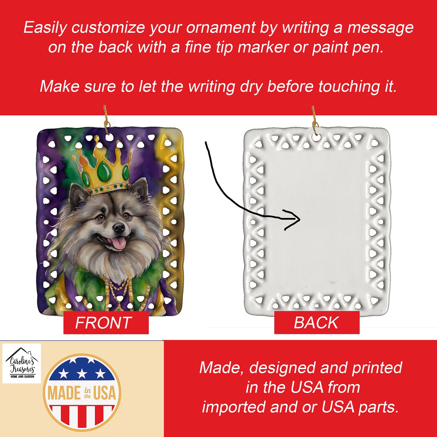 Keeshond King of Mardi Gras Porcelain Ornament