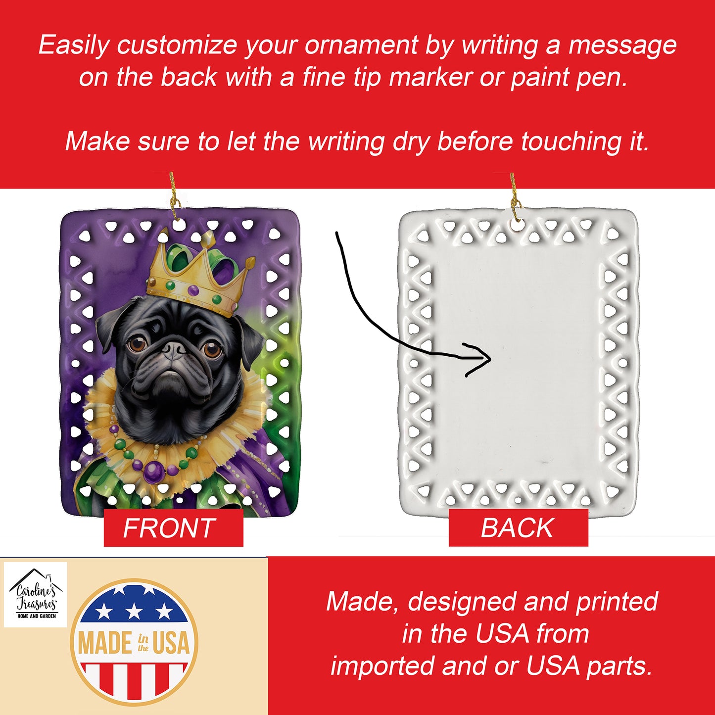 Black Pug King of Mardi Gras Porcelain Ornament