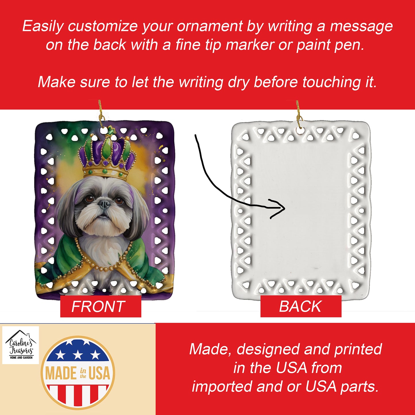 Shih Tzu King of Mardi Gras Porcelain Ornament