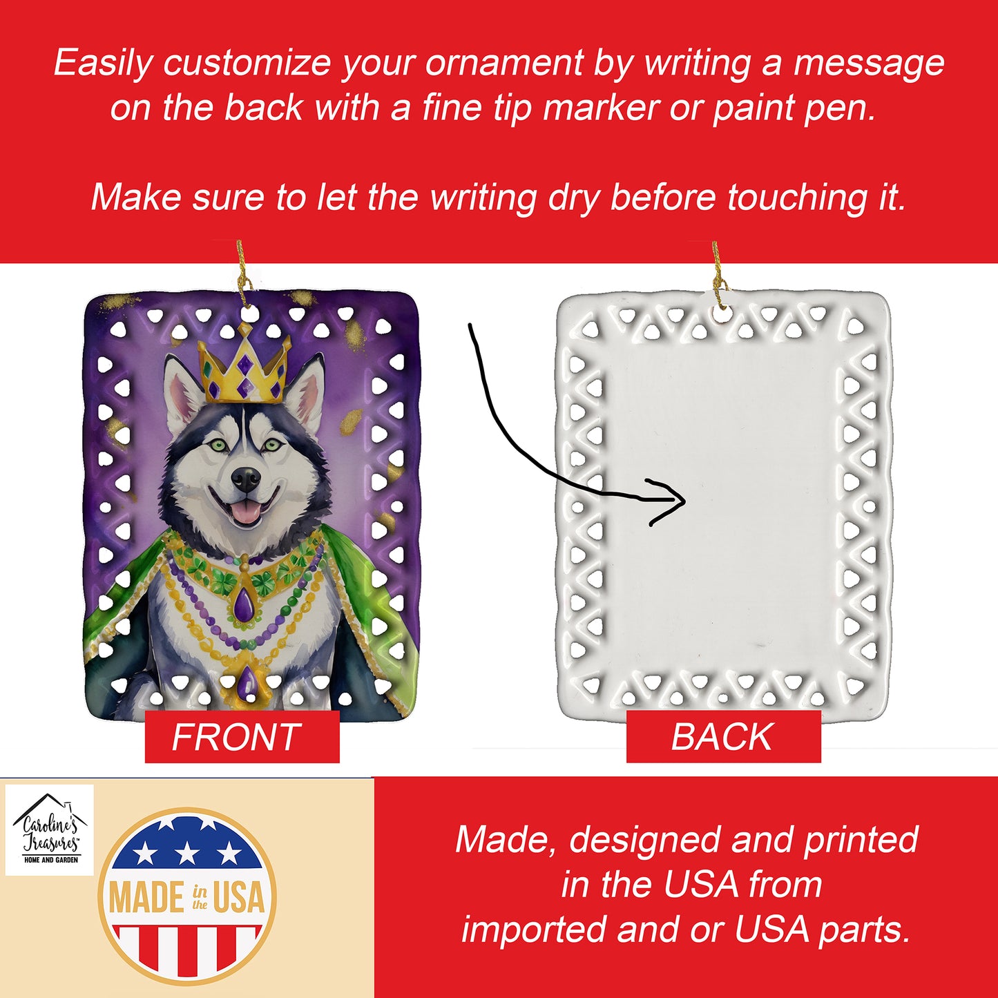 Siberian Husky King of Mardi Gras Porcelain Ornament
