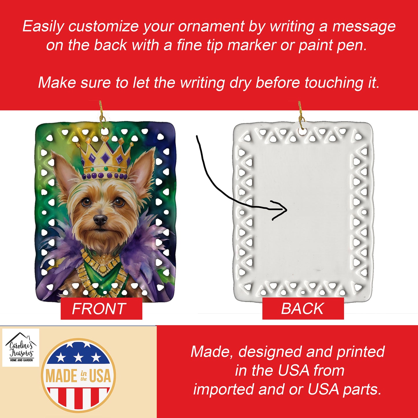 Silky Terrier King of Mardi Gras Porcelain Ornament