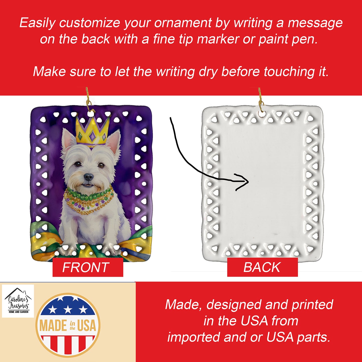Westie King of Mardi Gras Porcelain Ornament