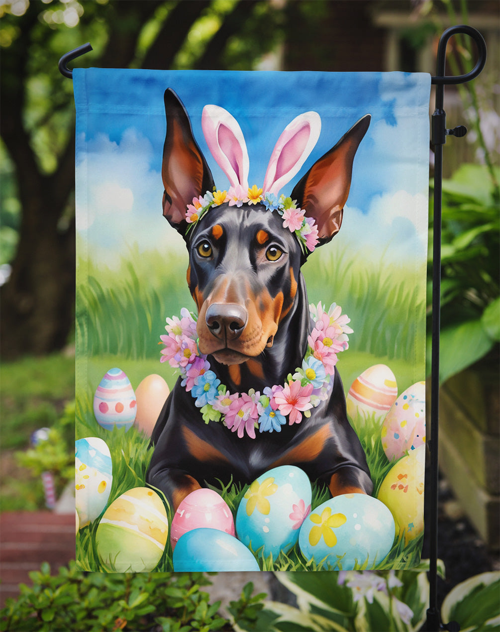 Doberman Pinscher Easter Egg Hunt Garden Flag