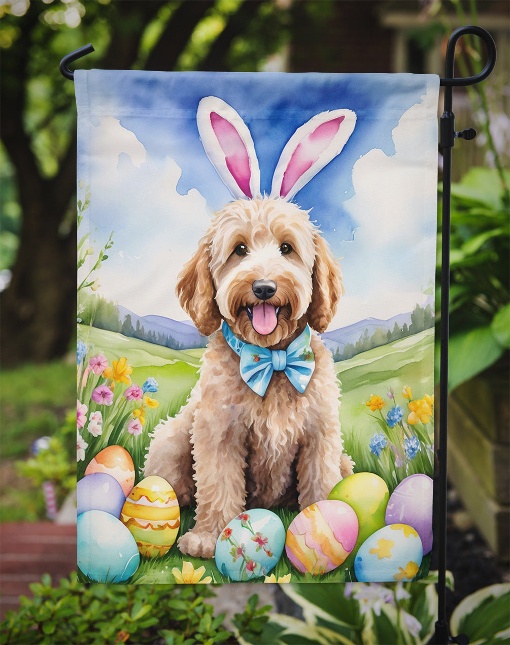 Goldendoodle Easter Egg Hunt Garden Flag