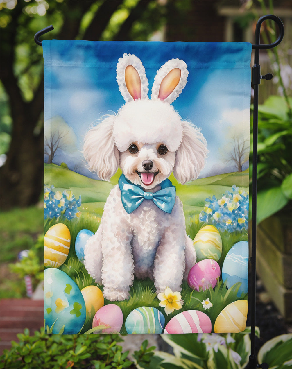 White Poodle Easter Egg Hunt Garden Flag