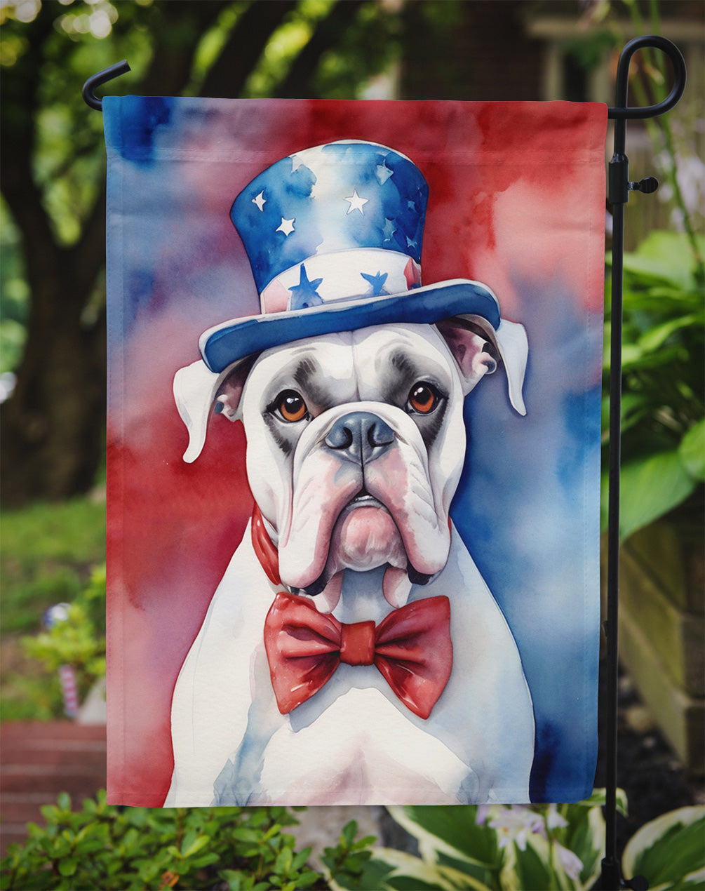White Boxer Patriotic American Garden Flag