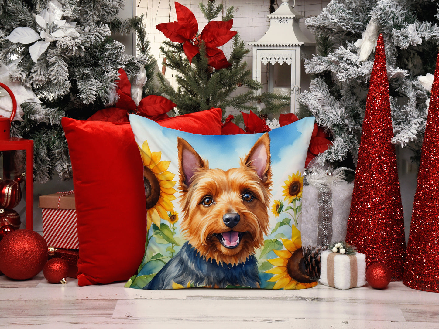 Australian Terrier in Sunflowers Throw Pillow