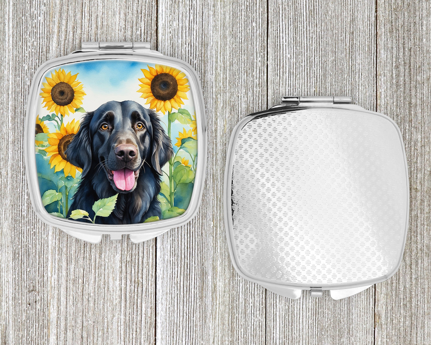 Flat-Coated Retriever in Sunflowers Compact Mirror