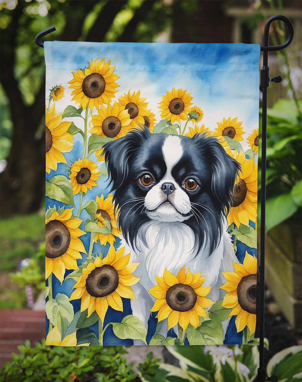 Japanese Chin in Sunflowers Garden Flag