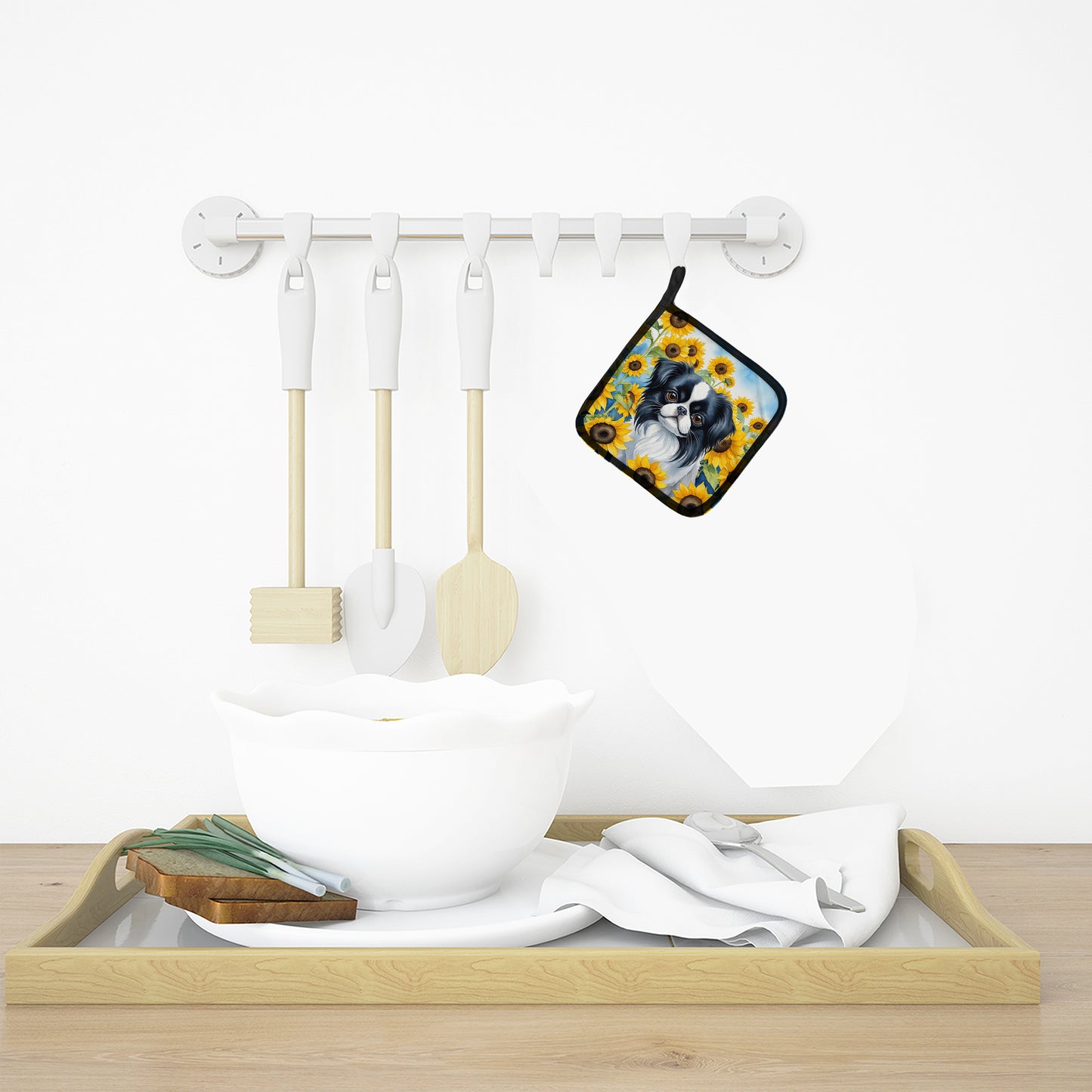 Japanese Chin in Sunflowers Pair of Pot Holders