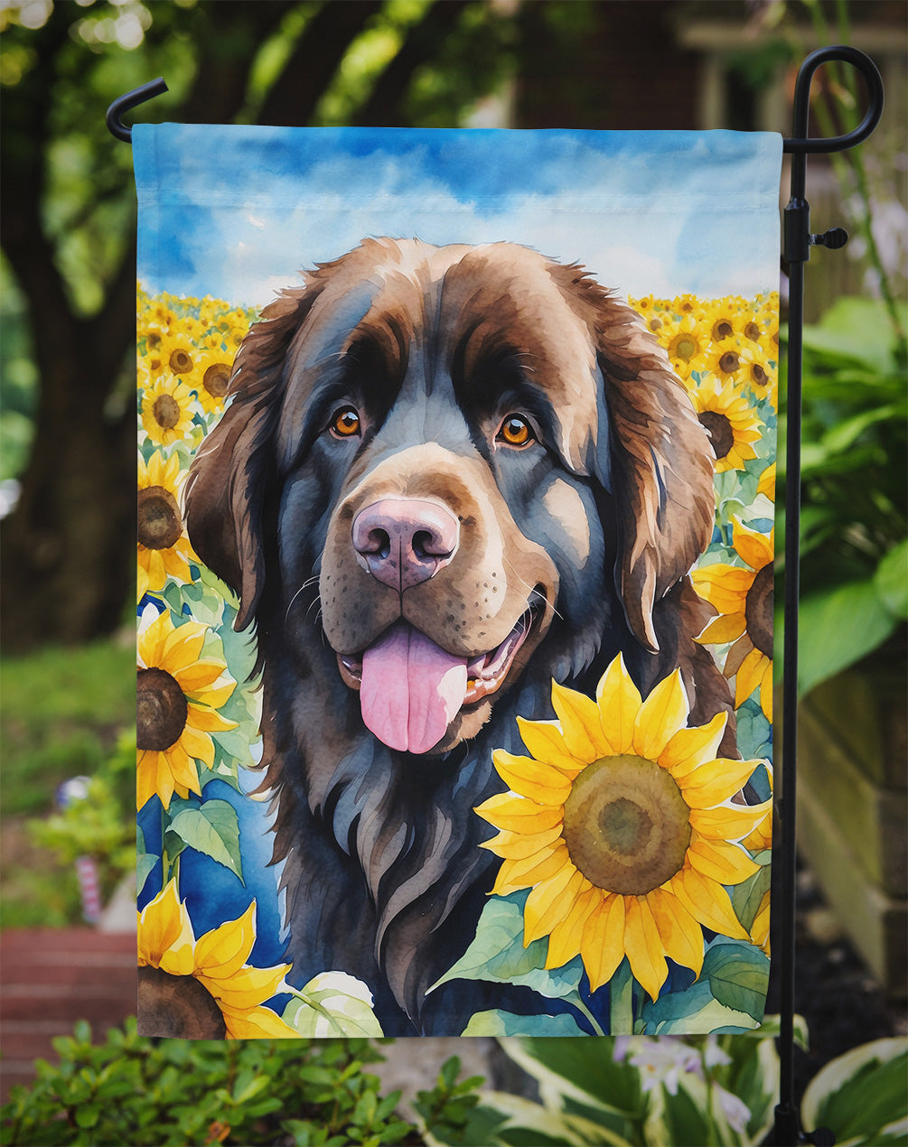 Newfoundland in Sunflowers Garden Flag