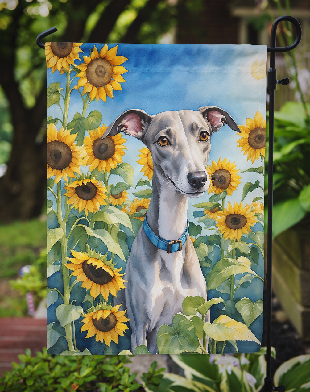 Whippet in Sunflowers Garden Flag