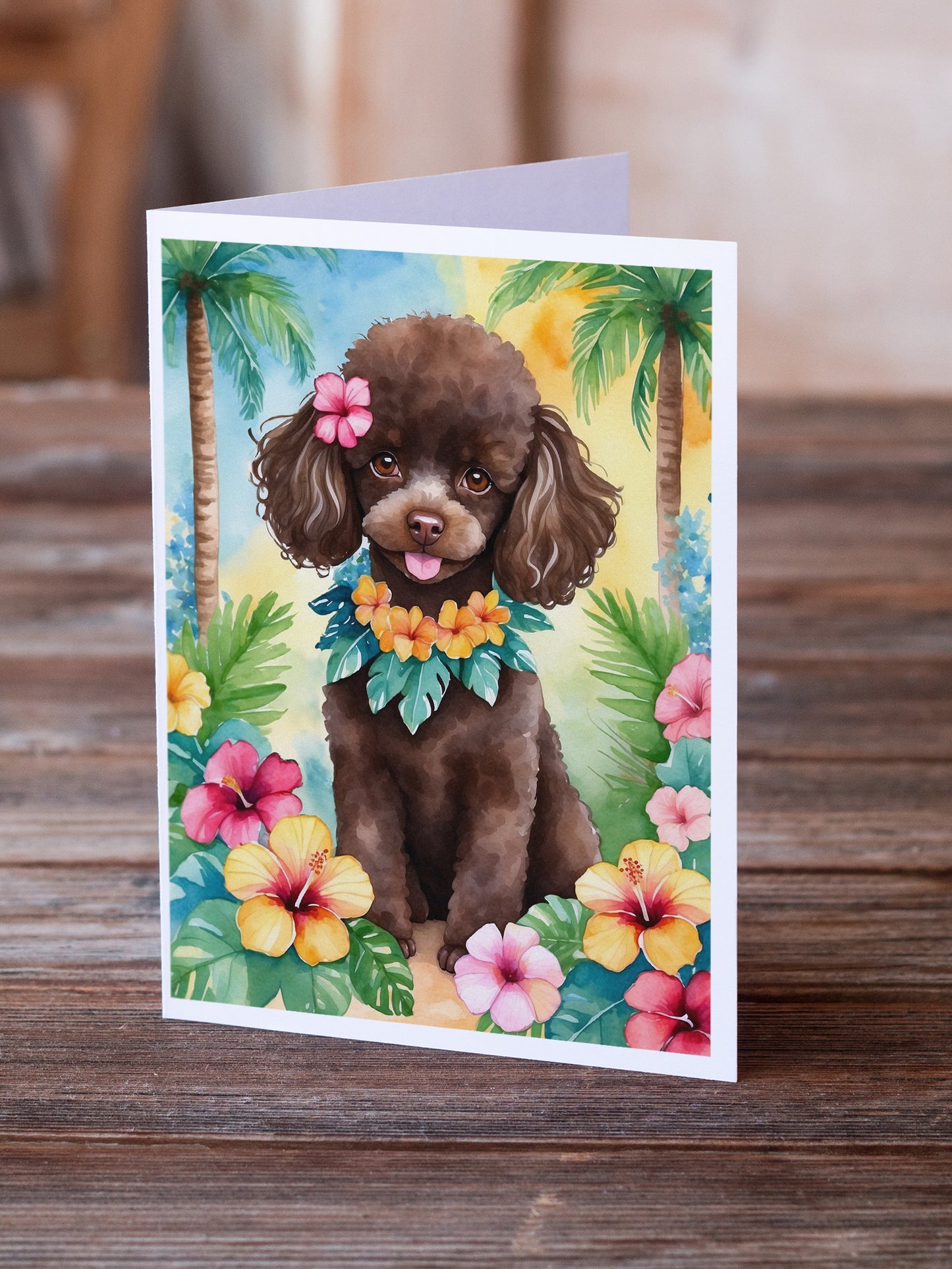 Chocolate Poodle Luau Greeting Cards Pack of 8