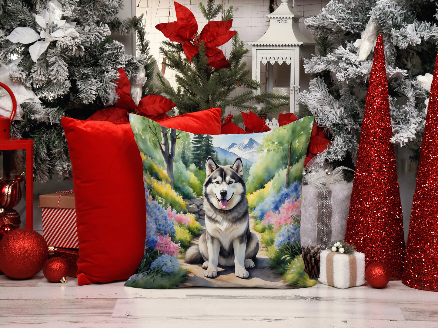 Alaskan Malamute Spring Garden Throw Pillow