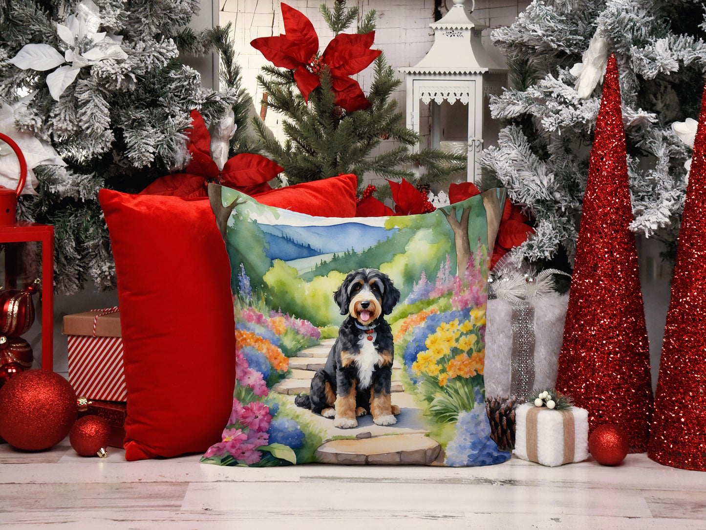 Bernedoodle Spring Path Throw Pillow