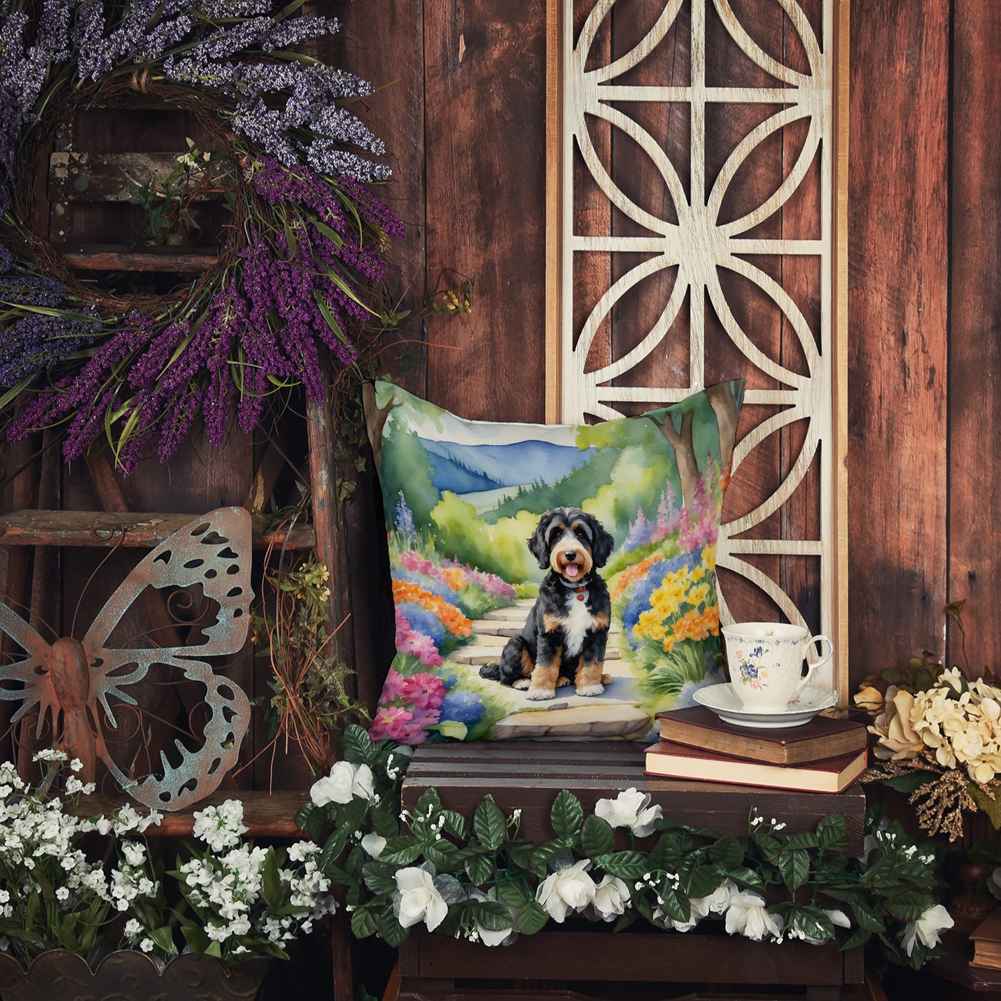 Bernedoodle Spring Path Throw Pillow