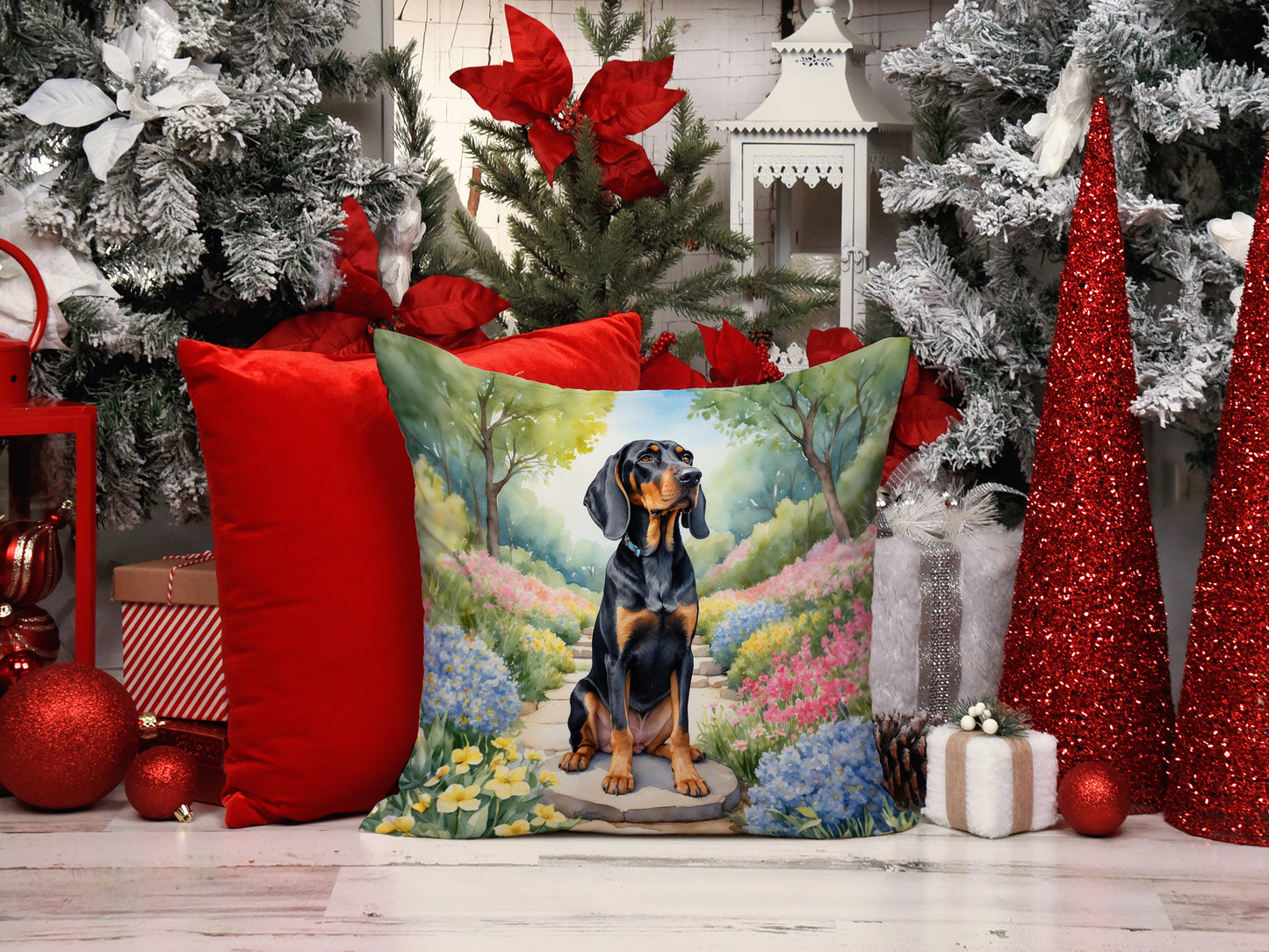 Black and Tan Coonhound Spring Path Throw Pillow