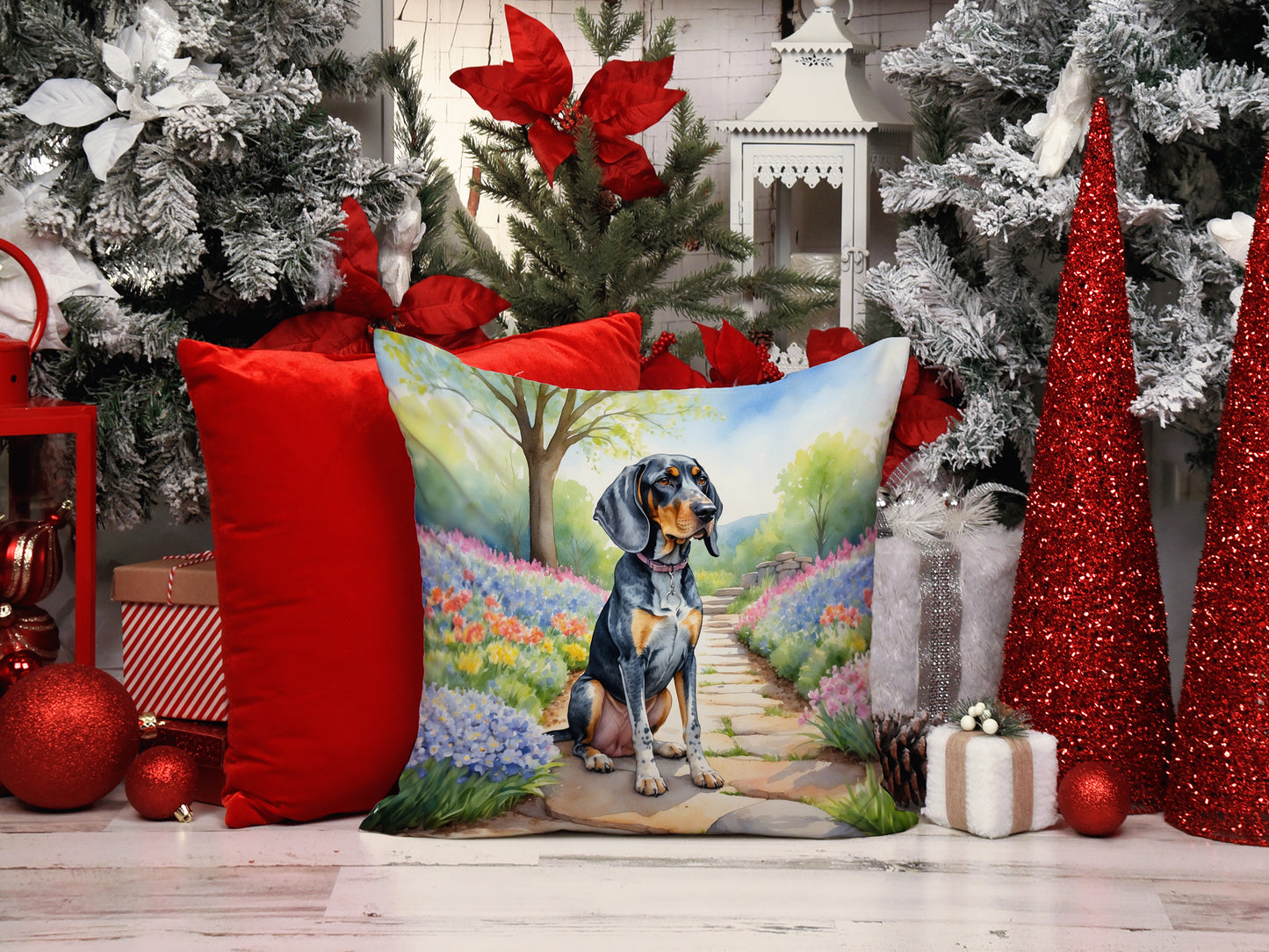 Bluetick Coonhound Spring Path Throw Pillow