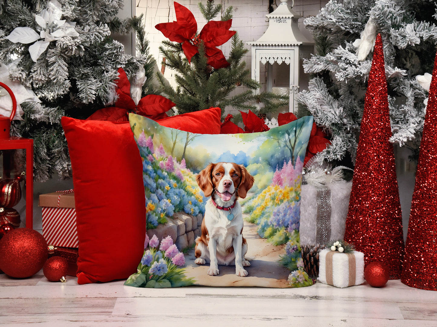 Brittany Spaniel Spring Path Throw Pillow