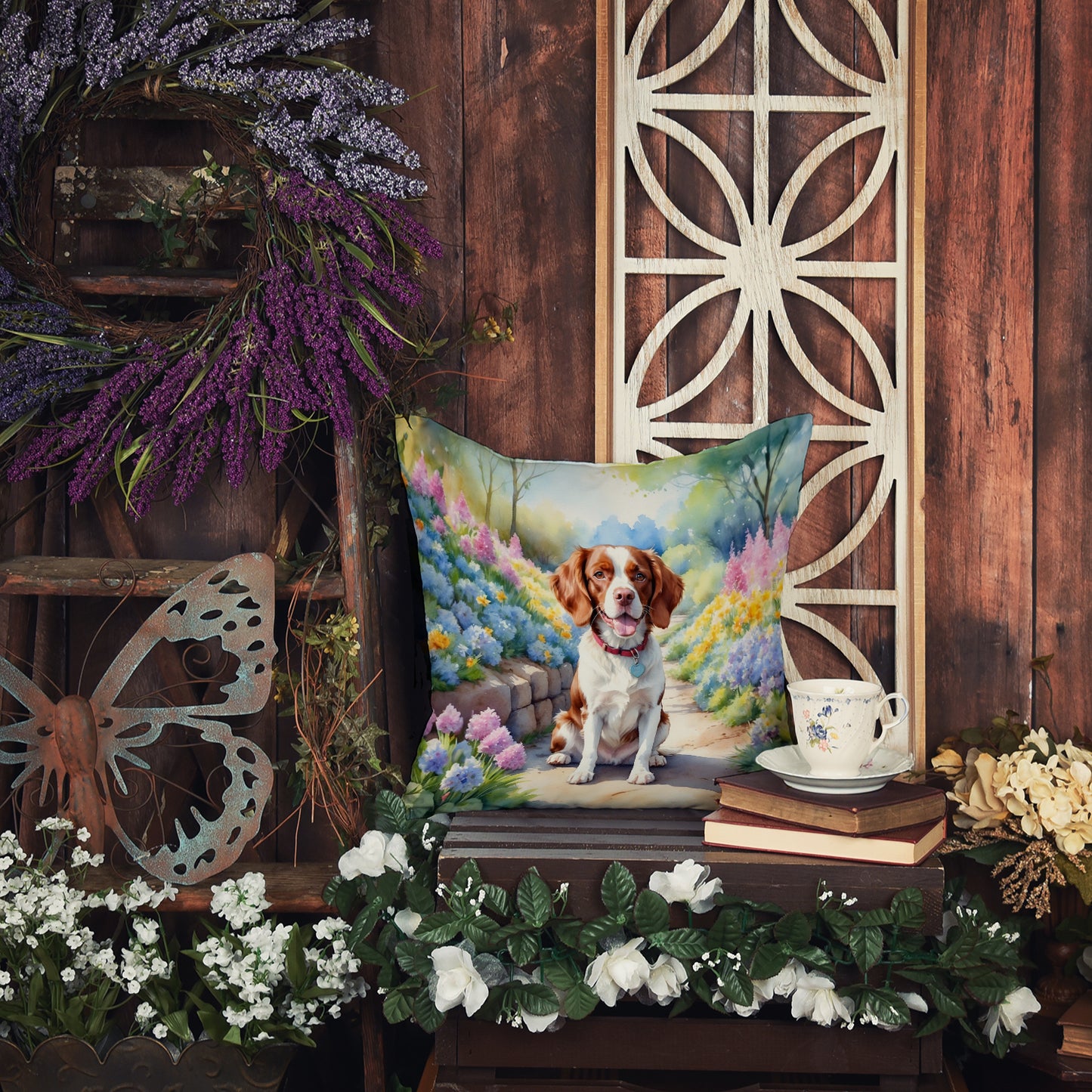 Brittany Spaniel Spring Path Throw Pillow