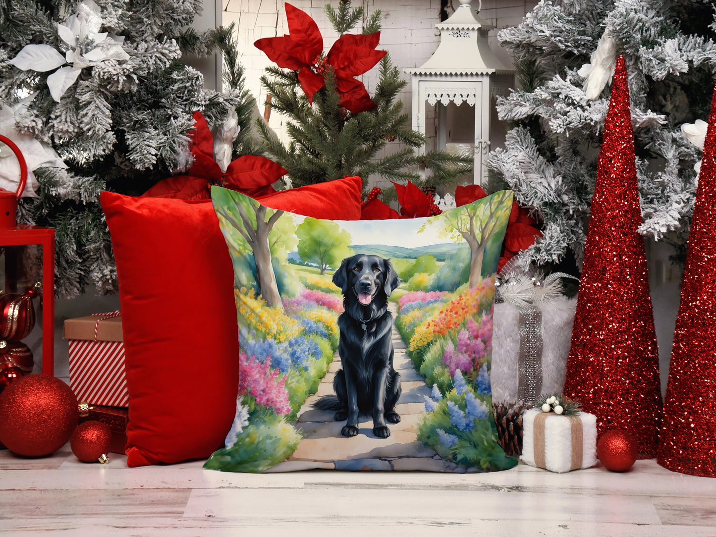 Flat-Coated Retriever Spring Path Throw Pillow