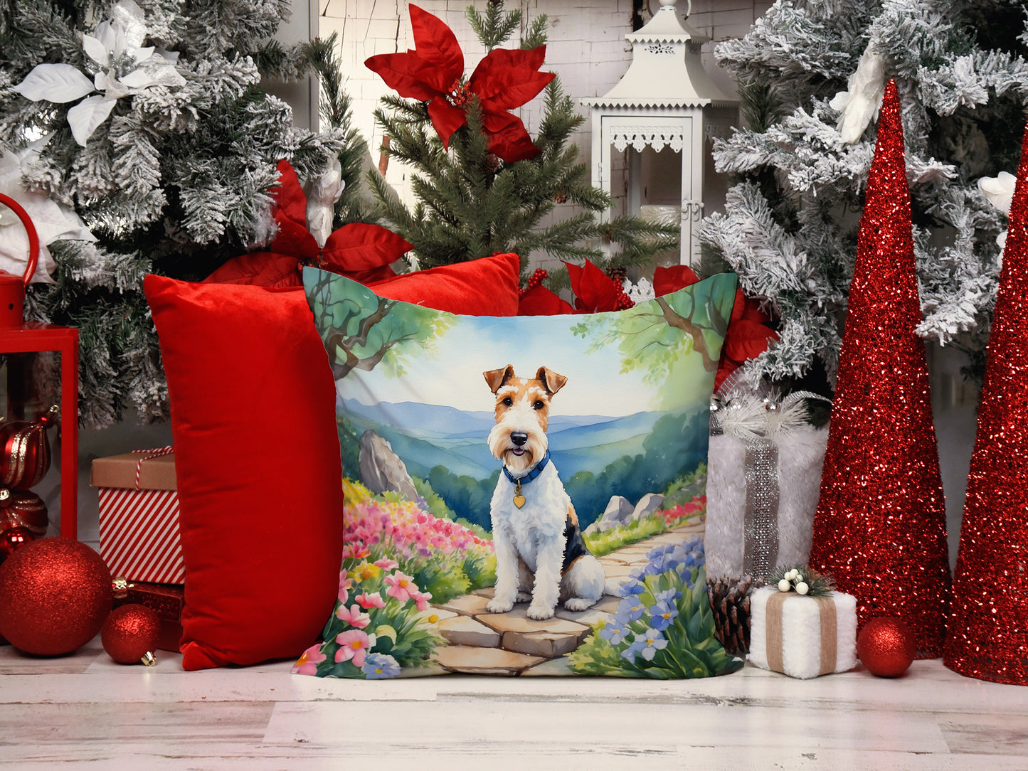 Fox Terrier Spring Path Throw Pillow