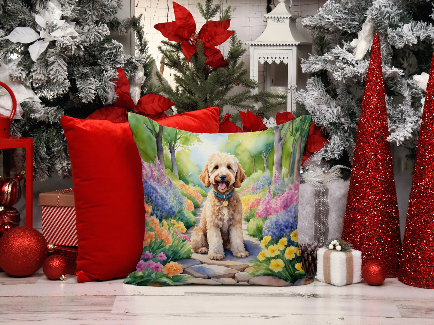 Goldendoodle Spring Path Throw Pillow