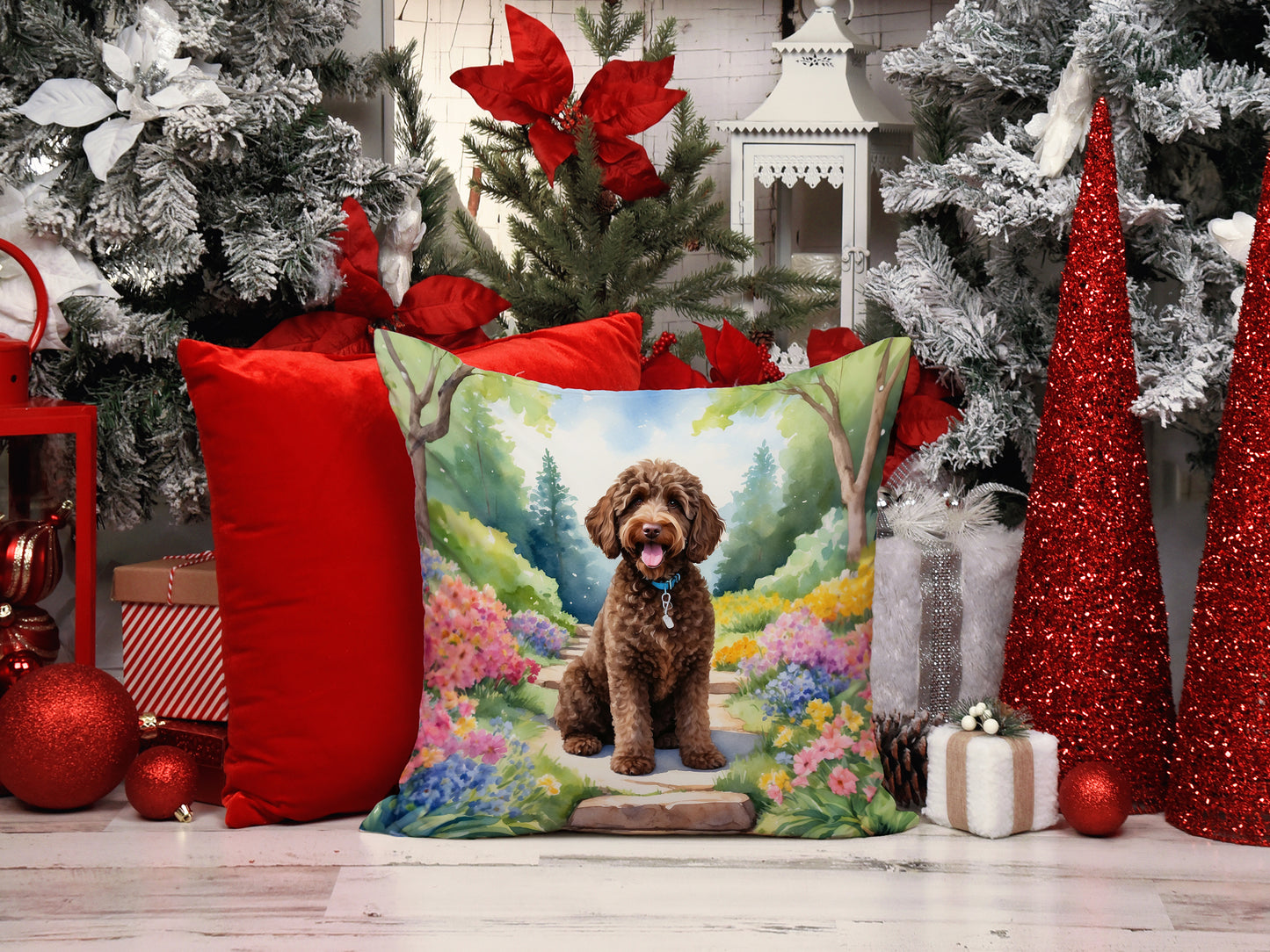 Labradoodle Spring Path Throw Pillow